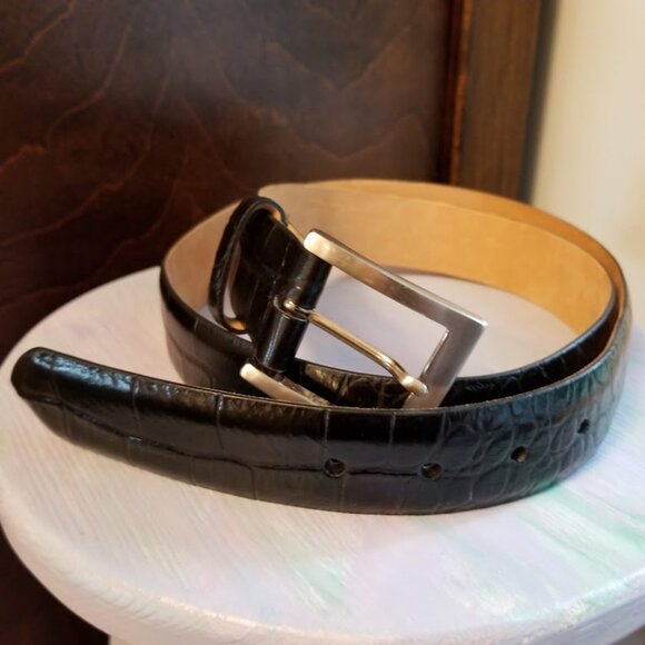 W. Kleinberg Embossed Crocodile Belt, Nickel Removable Buckle, Black, Sz 42 - Picture 2 of 14